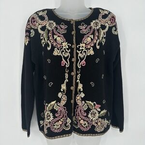 VTG Sz S Y2K 90s Cardigan Floral Roses Embroidered Beaded Cottagecore Sweater